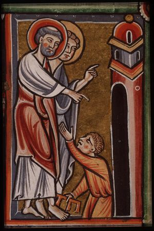 St. Peter and St. John heal a lame beggar at the Beautiful Gate of the temple