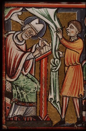 St. Gregory the Great inspired by the Holy Spirit, Peter peering at him
