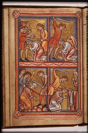The martyrdom of St. James the Less: he is stoned and beaten to death