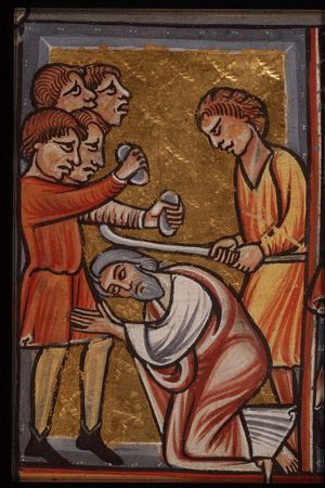 The martyrdom of St. James the Less: he is stoned and beaten to death