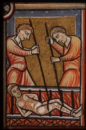 The martyrdom of St. Laurence of Rome: he is roasted on a gridiron