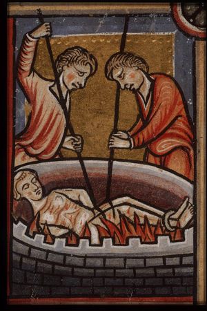 The martyrdom of St. Vincent of Saragossa: he is roasted on a gridiron