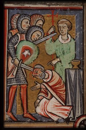 The martyrdom of St. Thomas Becket of Canterbury: he is stabbed before the altar