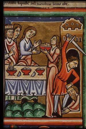 The beheading of St. John the Baptist; Salome offers the head to her mother