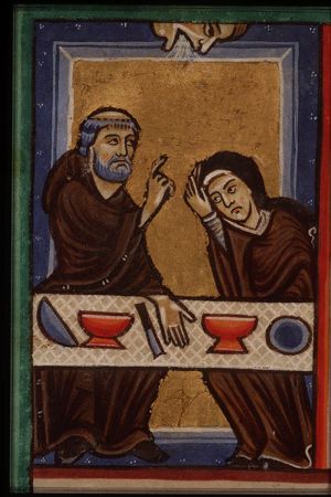 St. Benedict of Nurcia and his sister St. Scholastica at table
