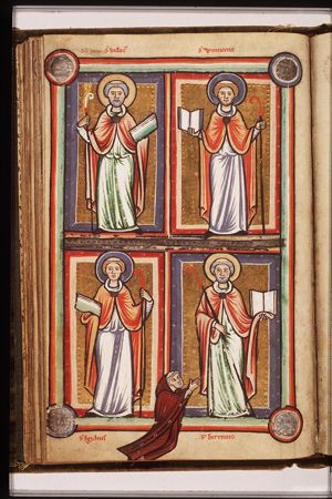 St. Judoc of Ponthieu as a pilgrim holding a staff and a book