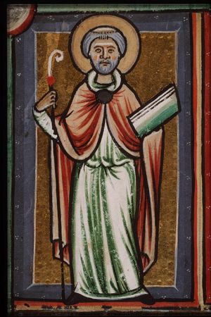 St. Judoc of Ponthieu as a pilgrim holding a staff and a book