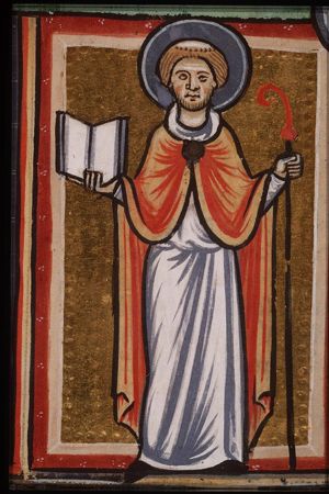 St. Winnoc of Bergues holding a book and a staff