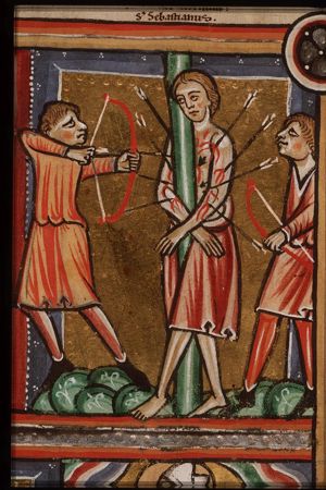 The martyrdom of St. Sebastian: tied to a tree, he is pierced by arrows