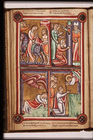 St. Martin, Bishop of Tours, gives part of his cloak to a beggar