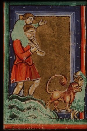 St. Eustace of Rome crossing a river, one of his sons is seized by a lion