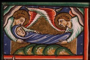 St. Catherine of Alexandria is beheaded. Her body is carried off by two angels