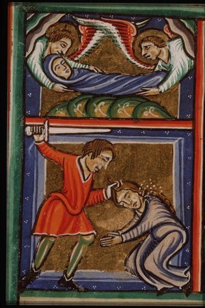 St. Catherine of Alexandria is beheaded. Her body is carried off by two angels