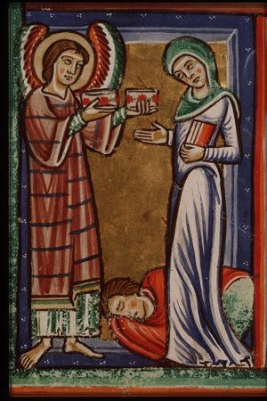An angel offers St. Cecilia and St. Valerian of Rome crowns of roses and lilies