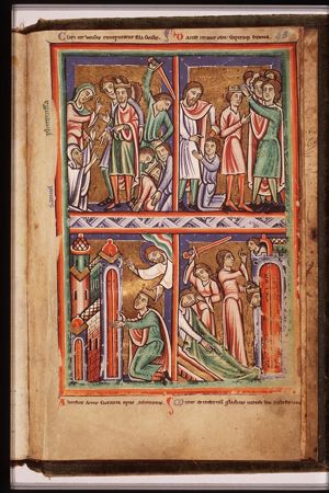 Saul speaks with the ghost of Samuel raised by the Witch of Endor; the corpses of Saul and his sons are beheaded by the Philistines