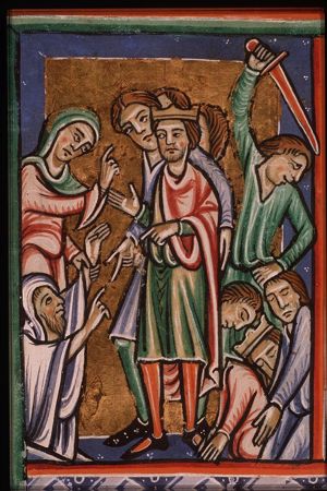 Saul speaks with the ghost of Samuel raised by the Witch of Endor; the corpses of Saul and his sons are beheaded by the Philistines