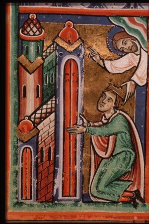 Solomon kneels in prayer at the dedication of the temple(?)