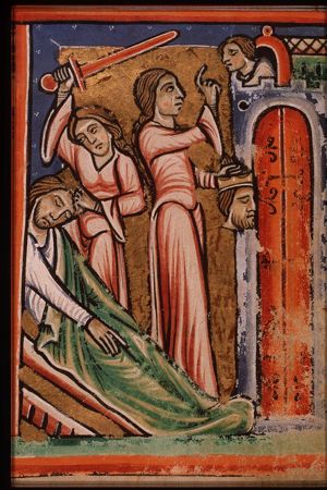 Holofernes beheaded by Judith with his own sword; Judith with the head before the gates of Bethuliah