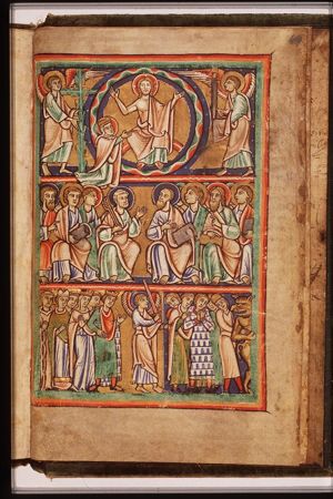 The Last Judgement: Christ on a rainbow in heaven, with Mary and saints; the division of the blessed and the damned