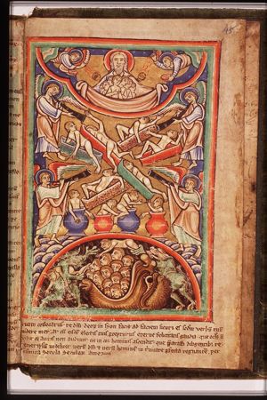 The Last Judgement: the raising of the dead, the blessed in Abraham's bosom (heaven), the damned in hell