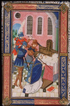The martyrdom of St. Thomas Becket of Canterbury: he is stabbed before the altar