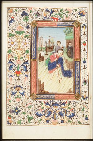 St. Christopher carries the Christ-child, a hermit guiding him with a lamp