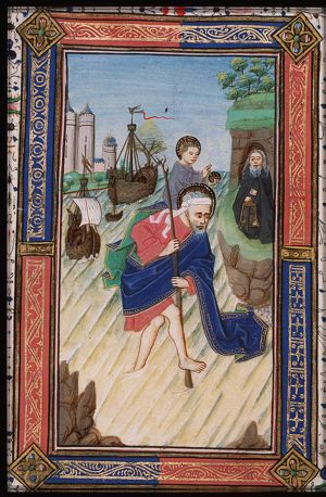 St. Christopher carries the Christ-child, a hermit guiding him with a lamp