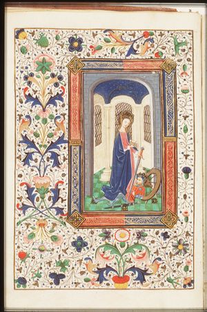 St. Catherine of Alexandria holding a book and a sword, with Emperor Maxentius at her feet