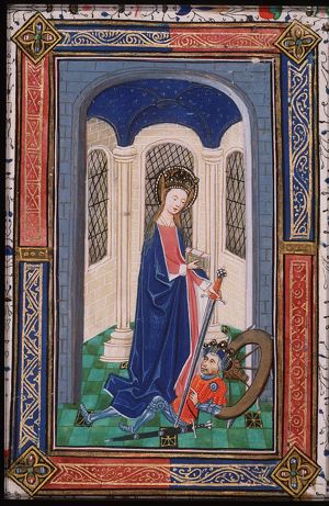 St. Catherine of Alexandria holding a book and a sword, with Emperor Maxentius at her feet