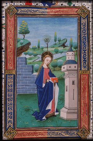 St. Barbara holding a book, before the tower