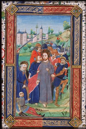 The arrest of Christ: the kiss of Judas; the ear of Malchus cut off by St. Peter