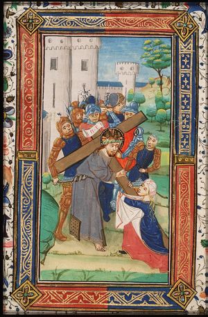 The carrying of the cross: Christ bears the cross and meets St. Veronica