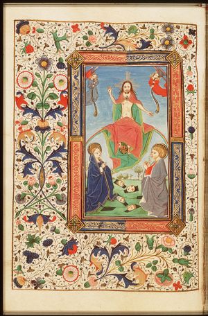 The Last Judgement: Christ on a rainbow raises the dead in the presence of Mary and St. John the Baptist; trumpeting angels