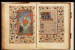 The Last Judgement: Christ on a rainbow raises the dead in the presence of Mary and St. John the Baptist; trumpeting angels