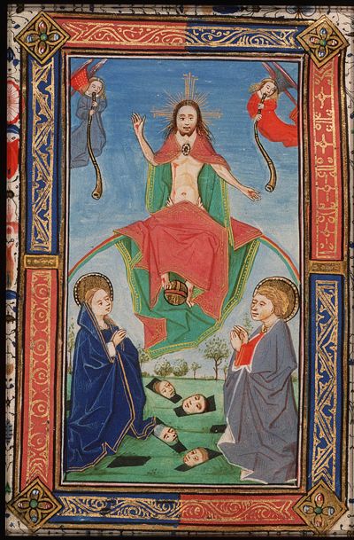 The Last Judgement: Christ on a rainbow raises the dead in the presence of Mary and St. John the Baptist; trumpeting angels