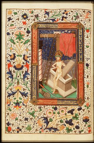 Man of Sorrows: Christ before his tomb with the Instruments of the Passion