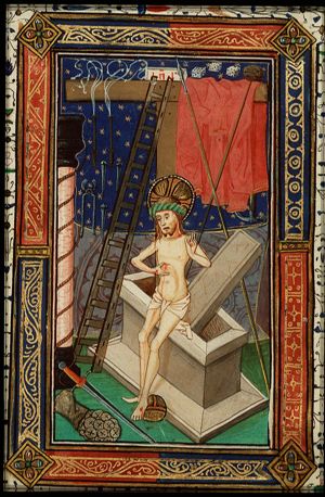Man of Sorrows: Christ before his tomb with the Instruments of the Passion