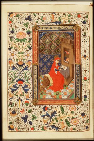St. Jerome as a cardinal with the lion, seated at his desk in front of a bookcase