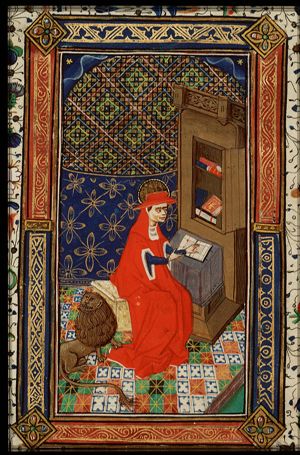 St. Jerome as a cardinal with the lion, seated at his desk in front of a bookcase