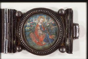 Madonna: Mary sitting on the ground, holding the Christ-child
