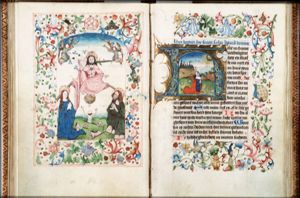 The Last Judgement: Christ on a rainbow raises the dead in the presence of Mary and St. John the Baptist; trumpeting angels