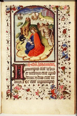 The Evangelist St. John writing on the island of Patmos, the devil stealing the ink-well