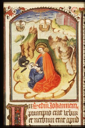 The Evangelist St. John writing on the island of Patmos, the devil stealing the ink-well