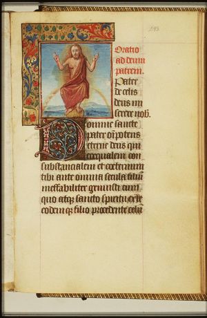 Christ seated on a rainbow, showing his wounds