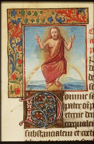 Christ seated on a rainbow, showing his wounds
