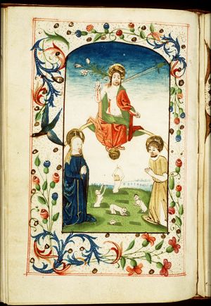 The Last Judgement: Christ on a rainbow raises the dead in the presence of Mary and St. John the Baptist