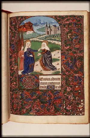The Visitation: Mary, accompanied by an angel, meets St. Elisabeth