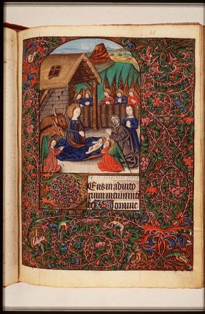 The Nativity: the adoration of the Christ-child by Mary, St. Joseph, angels, and a midwife
