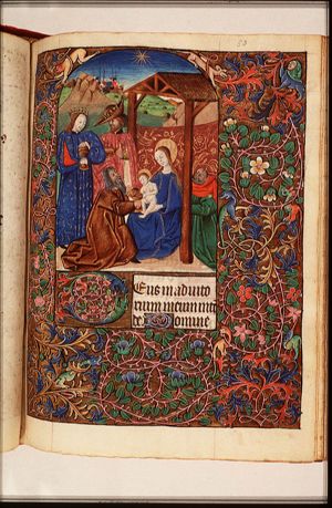 The adoration of the Christ-child by the Magi; the star appears and guides the three Wise Men to Bethlehem