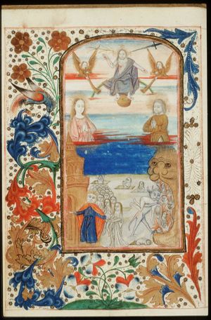 The Last Judgement: Christ on a rainbow with Mary and St. John, the blessed in heaven, the damned in hell